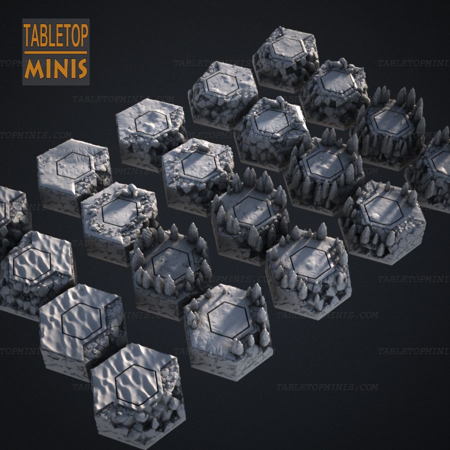 hex terrain battletech map rough tile mountain hill trees stl mesh dnd 3dprint mini miniature