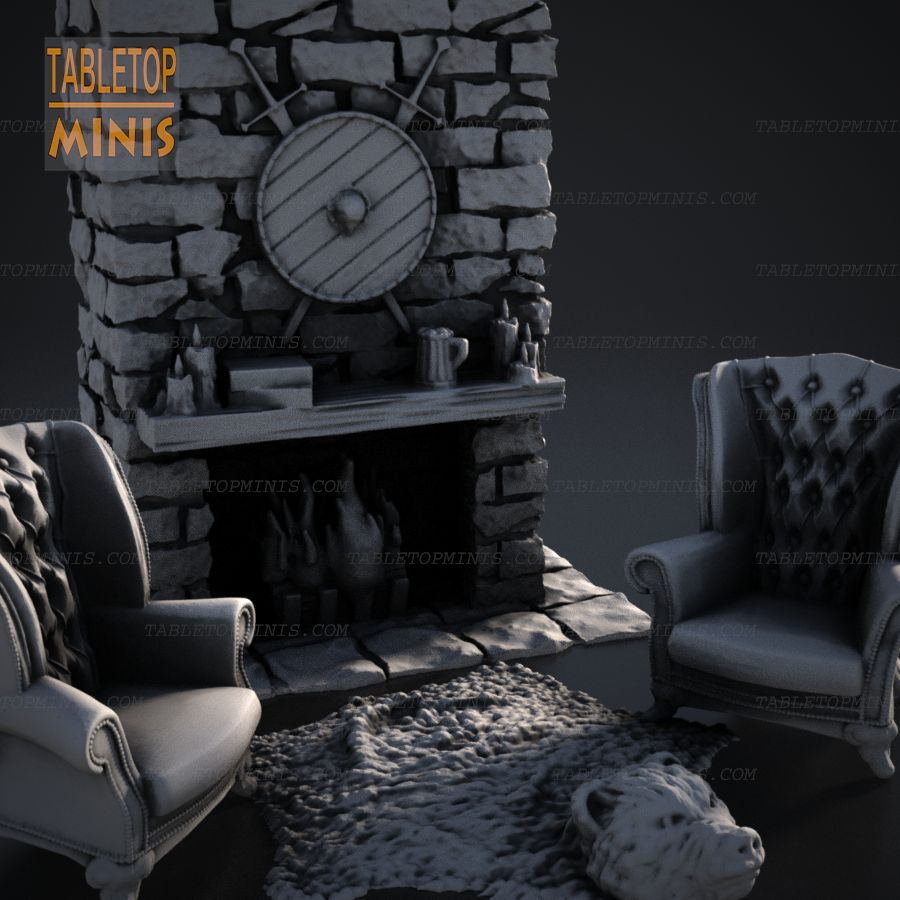  fire hearth furniture tavern chair seat animal bear inn fireplace armchair rug place stl mesh dnd 3dprint mini miniature